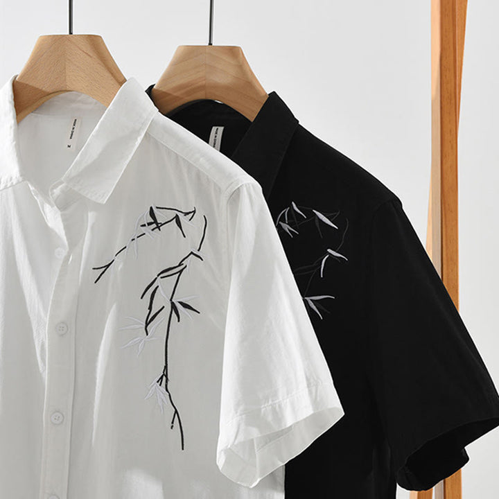 Camisa de algodón de manga corta para hombre con diseño artístico simple y bordado de bambú y Buddha Stones - image 15