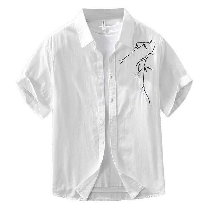 Camisa de algodón de manga corta para hombre con diseño artístico simple y bordado de bambú y Buddha Stones - image 13