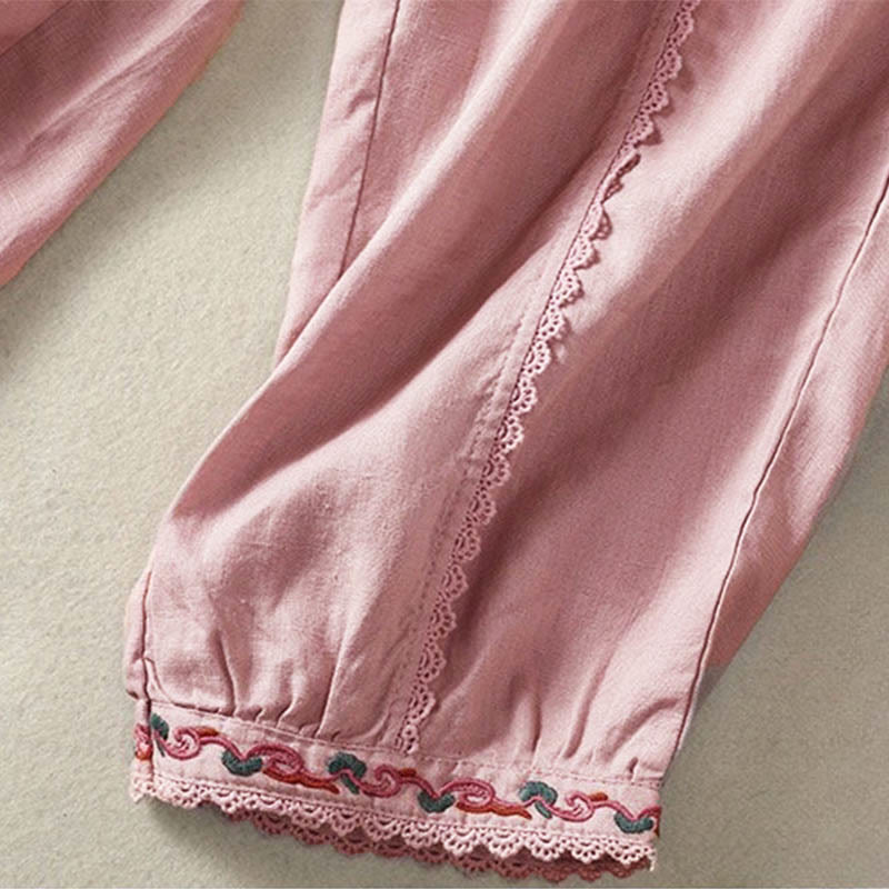 Pantalones harén de lino y algodón para mujer, informales, con diseño de encaje lateral, de Buddha Stones, de largo 7-8 y bolsillos - image 14