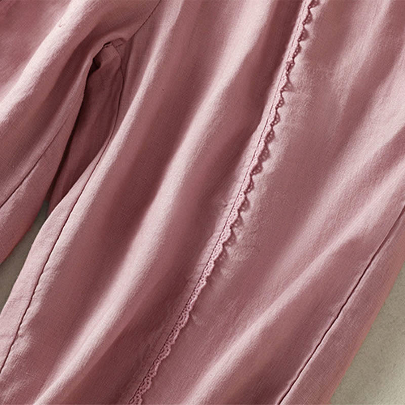 Pantalones harén de lino y algodón para mujer, informales, con diseño de encaje lateral, de Buddha Stones, de largo 7-8 y bolsillos - image 13