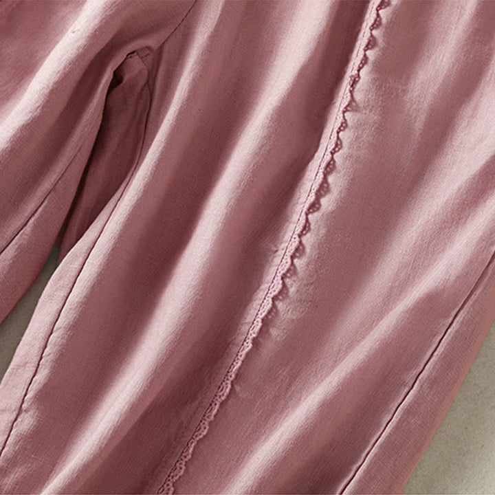 Pantalones harén de lino y algodón para mujer, informales, con diseño de encaje lateral, de Buddha Stones, de largo 7-8 y bolsillos - image 13