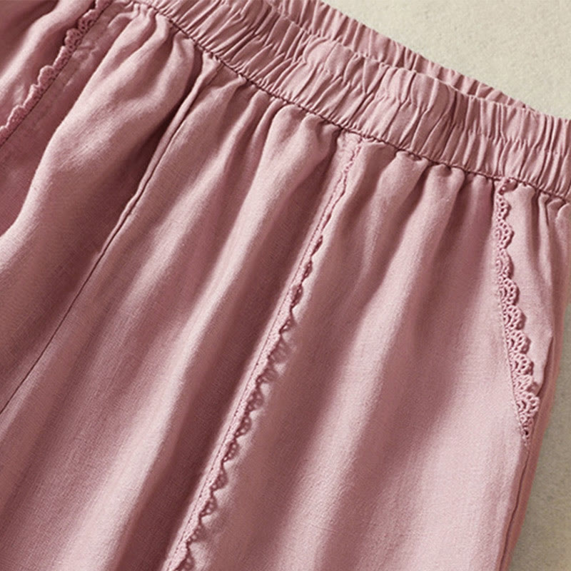 Pantalones harén de lino y algodón para mujer, informales, con diseño de encaje lateral, de Buddha Stones, de largo 7-8 y bolsillos - image 11