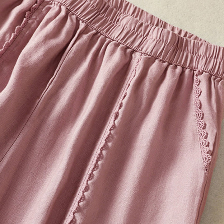 Pantalones harén de lino y algodón para mujer, informales, con diseño de encaje lateral, de Buddha Stones, de largo 7-8 y bolsillos - image 11