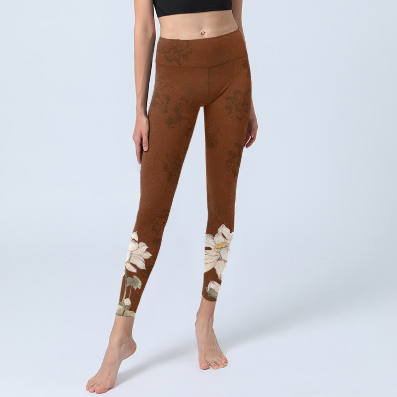 Leggings de yoga para mujer con estampado de flor de loto blanca y marrón con Buddha Stones - image 5