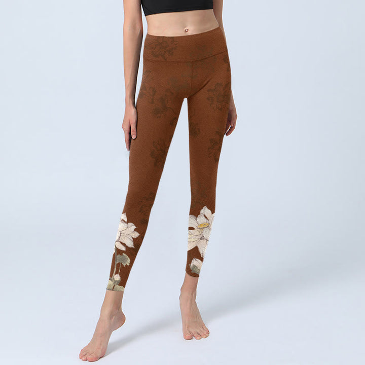 Leggings de yoga para mujer con estampado de flor de loto blanca y marrón con Buddha Stones - image 5