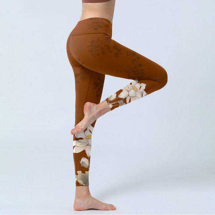 Leggings de yoga para mujer con estampado de flor de loto blanca y marrón con Buddha Stones - image 4