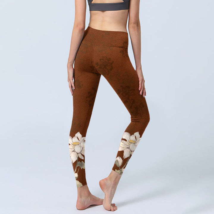 Leggings de yoga para mujer con estampado de flor de loto blanca y marrón con Buddha Stones - image 4