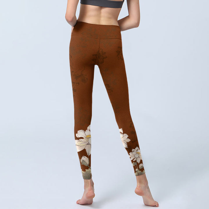 Leggings de yoga para mujer con estampado de flor de loto blanca y marrón con Buddha Stones - image 6