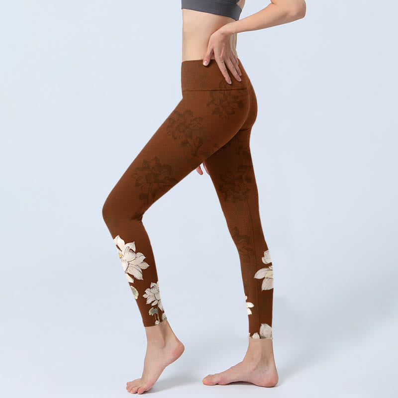 Leggings de yoga para mujer con estampado de flor de loto blanca y marrón con Buddha Stones - image 2