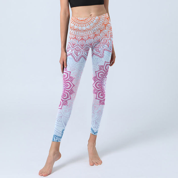Leggings de yoga para mujer con estampado de mandala rosa y azul con piedras de Buddha Stones - image 5