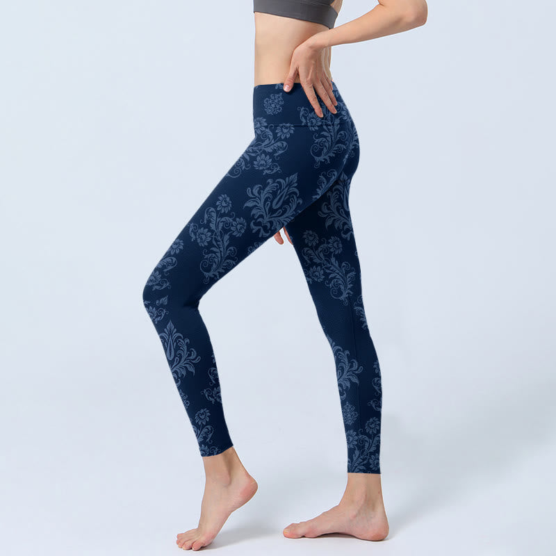 Leggings de yoga para mujer con estampado floral de hojas azules y Buddha Stones - image 2