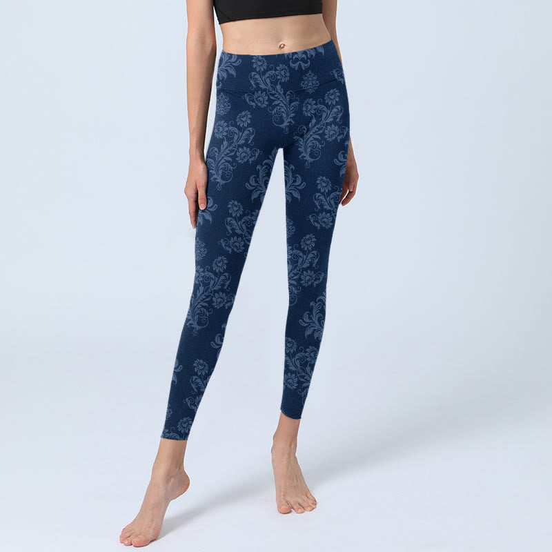 Leggings de yoga para mujer con estampado floral de hojas azules y Buddha Stones - image 5