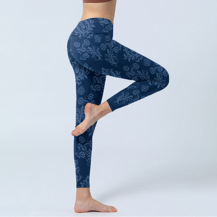 Leggings de yoga para mujer con estampado floral de hojas azules y Buddha Stones - image 3