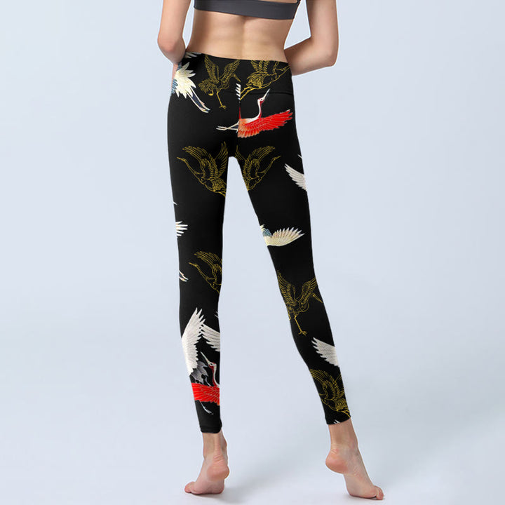 Leggings de yoga para mujer con estampado de grullas blancas, rojas y doradas con piedras de Buddha Stones - image 6