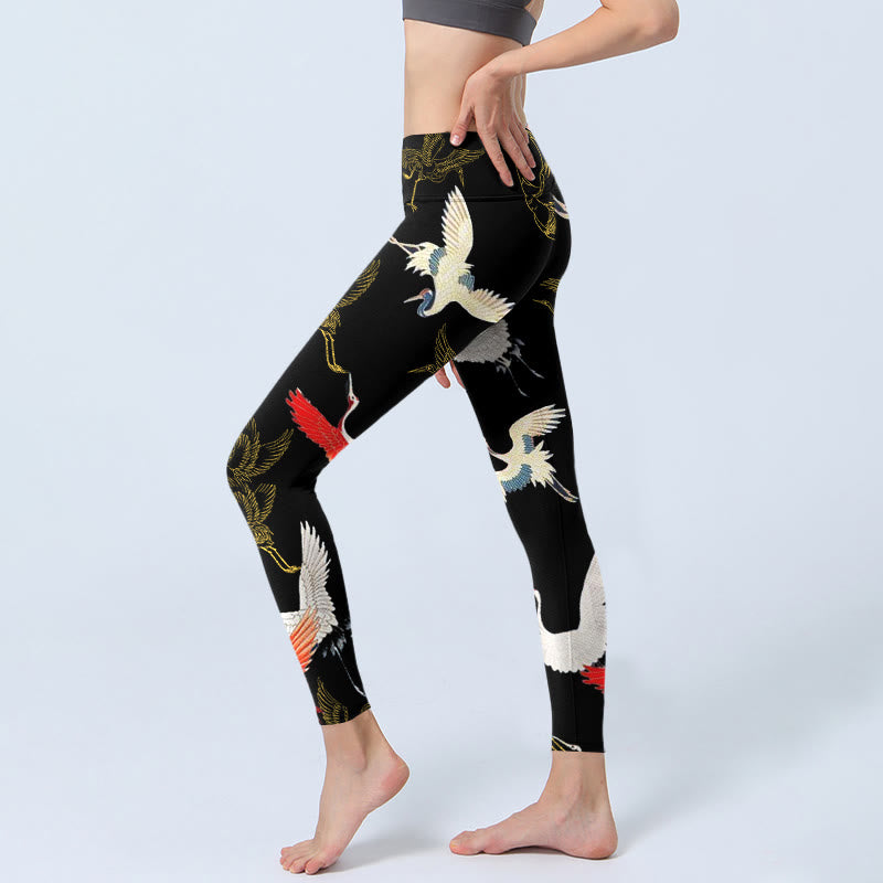 Leggings de yoga para mujer con estampado de grullas blancas, rojas y doradas con piedras de Buddha Stones - image 2