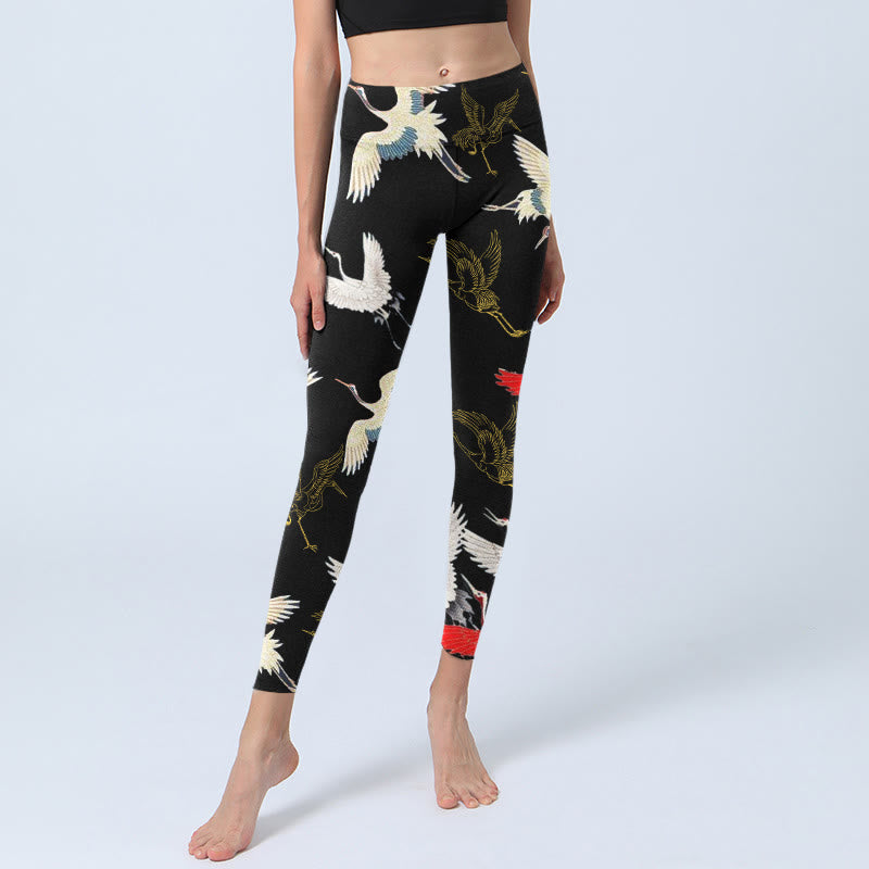 Leggings de yoga para mujer con estampado de grullas blancas, rojas y doradas con piedras de Buddha Stones - image 5