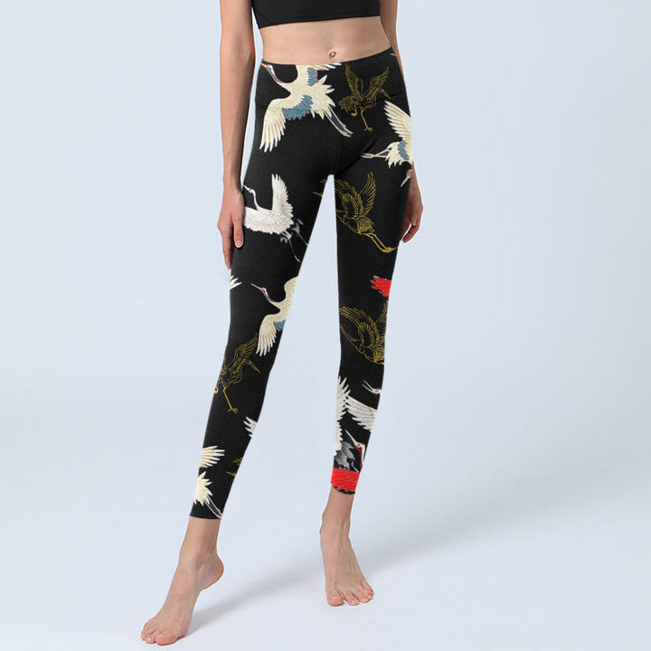 Leggings de yoga para mujer con estampado de grullas blancas, rojas y doradas con piedras de Buddha Stones - image 5