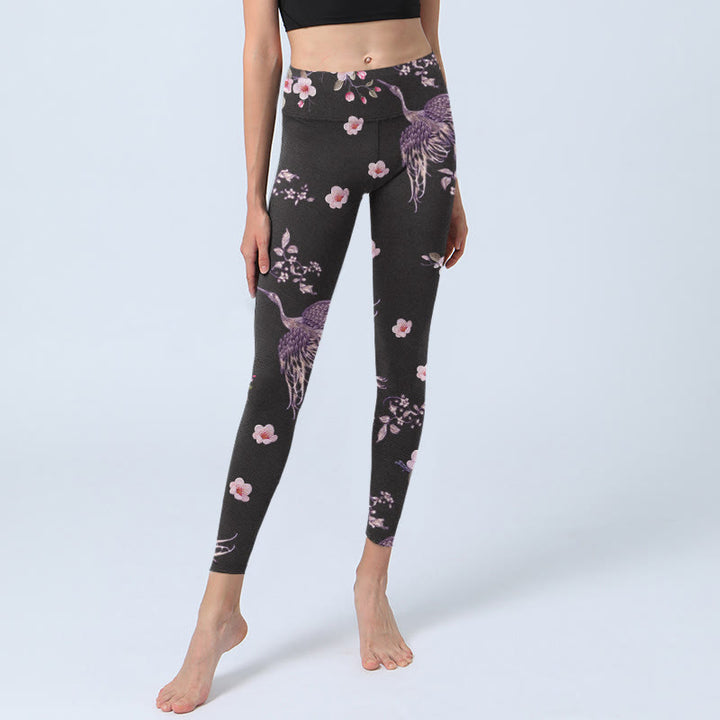 Leggings de yoga para mujer con estampado de grullas voladoras, flores rosas y piedras de Buddha Stones - image 6