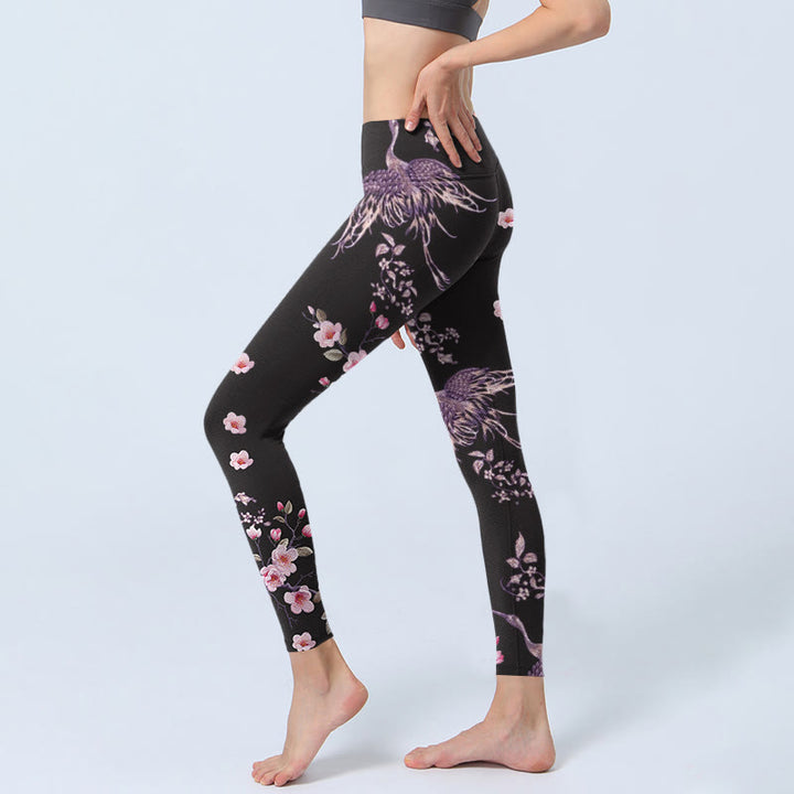 Leggings de yoga para mujer con estampado de grullas voladoras, flores rosas y piedras de Buddha Stones - image 3