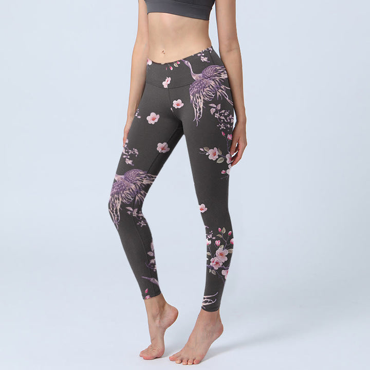 Leggings de yoga para mujer con estampado de grullas voladoras, flores rosas y piedras de Buddha Stones - Negro - US18，UK/AU22，EU50 (4XL) - image 0