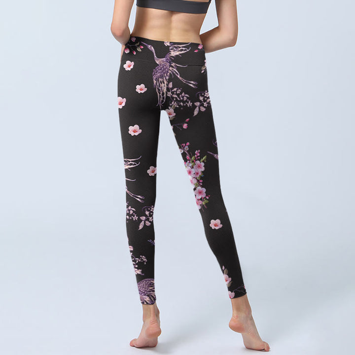Leggings de yoga para mujer con estampado de grullas voladoras, flores rosas y piedras de Buddha Stones - image 7