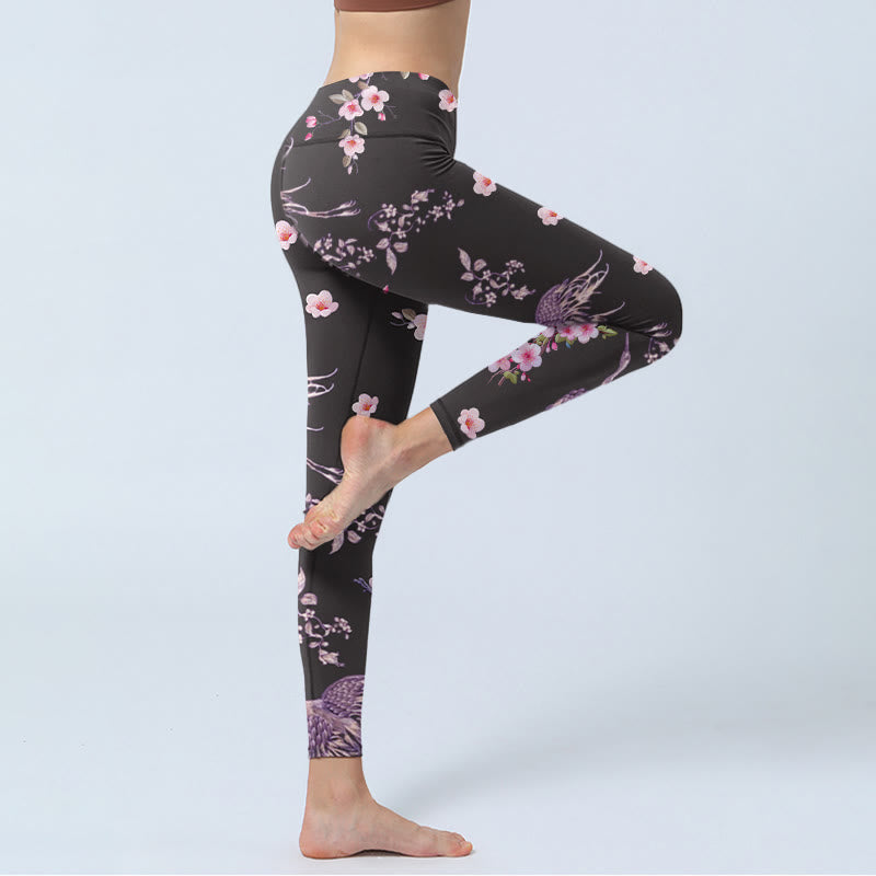 Leggings de yoga para mujer con estampado de grullas voladoras, flores rosas y piedras de Buddha Stones - image 3