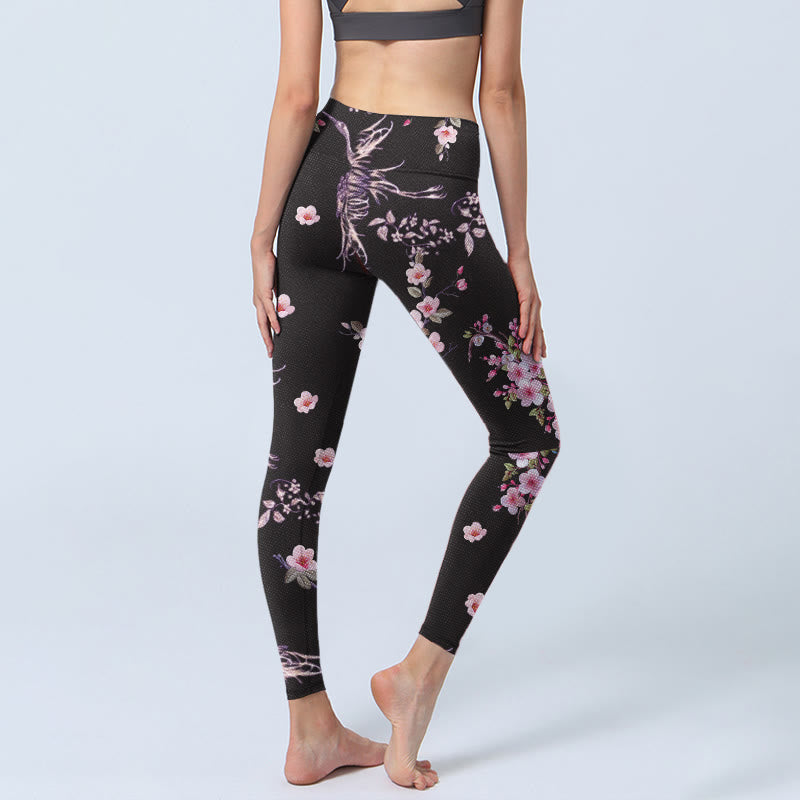 Leggings de yoga para mujer con estampado de grullas voladoras, flores rosas y piedras de Buddha Stones - image 5