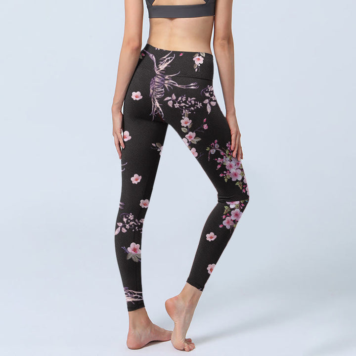 Leggings de yoga para mujer con estampado de grullas voladoras, flores rosas y piedras de Buddha Stones - image 5