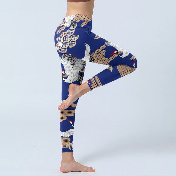 Leggings de yoga para mujer con estampado de grullas de corona roja, nubes auspiciosas y piedras de Buddha Stones - image 3