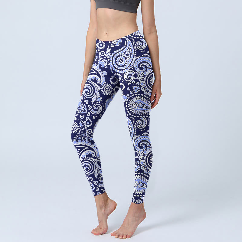 Leggings de yoga para mujer con estampado de flores de anacardo, morado y azul, con Buddha Stones - Azul pizarra medio - US18，UK/AU22，EU50 (4XL) - image 0