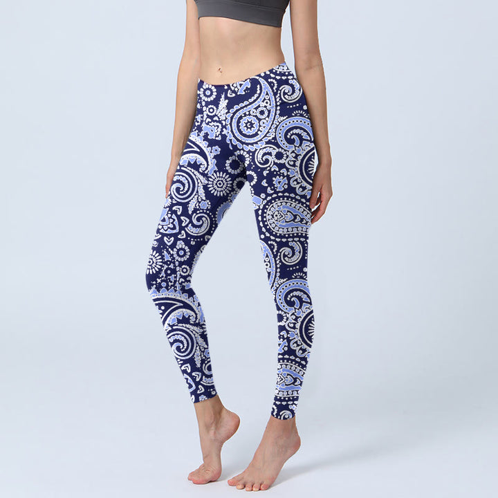 Leggings de yoga para mujer con estampado de flores de anacardo, morado y azul, con Buddha Stones - Azul pizarra medio - US18，UK/AU22，EU50 (4XL) - image 0