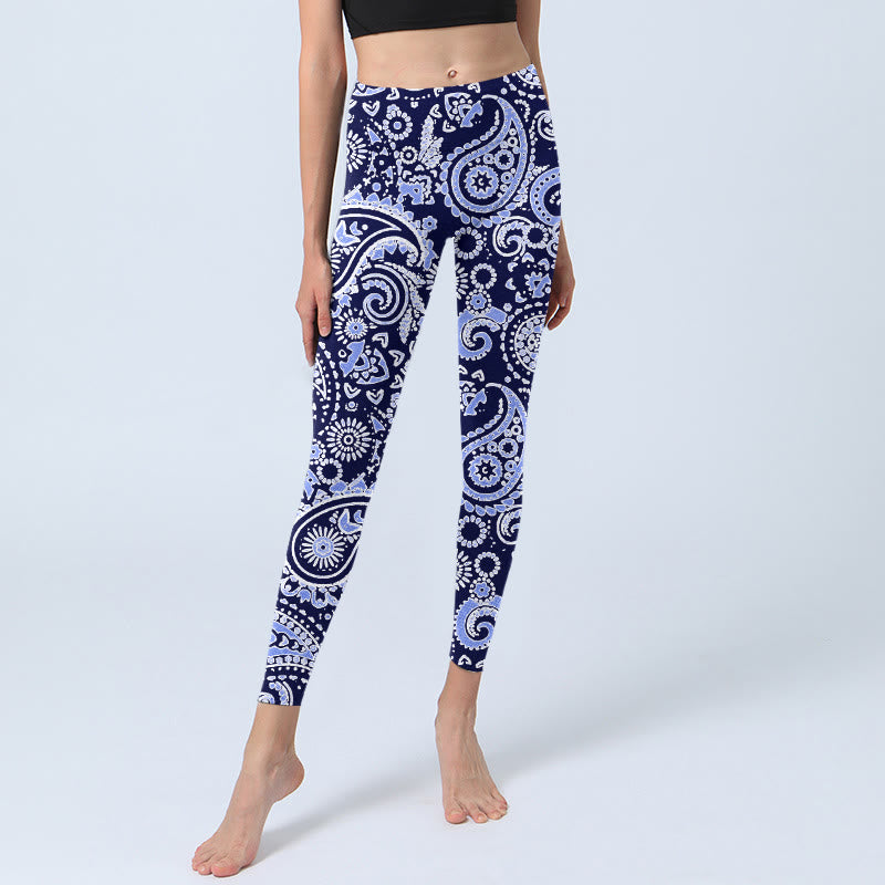 Leggings de yoga para mujer con estampado de flores de anacardo, morado y azul, con Buddha Stones - image 6
