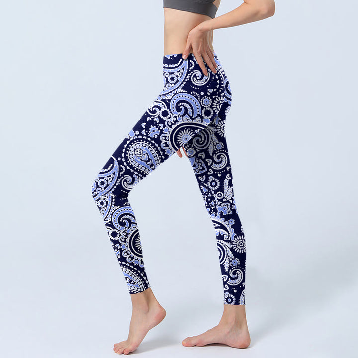 Leggings de yoga para mujer con estampado de flores de anacardo, morado y azul, con Buddha Stones - image 2
