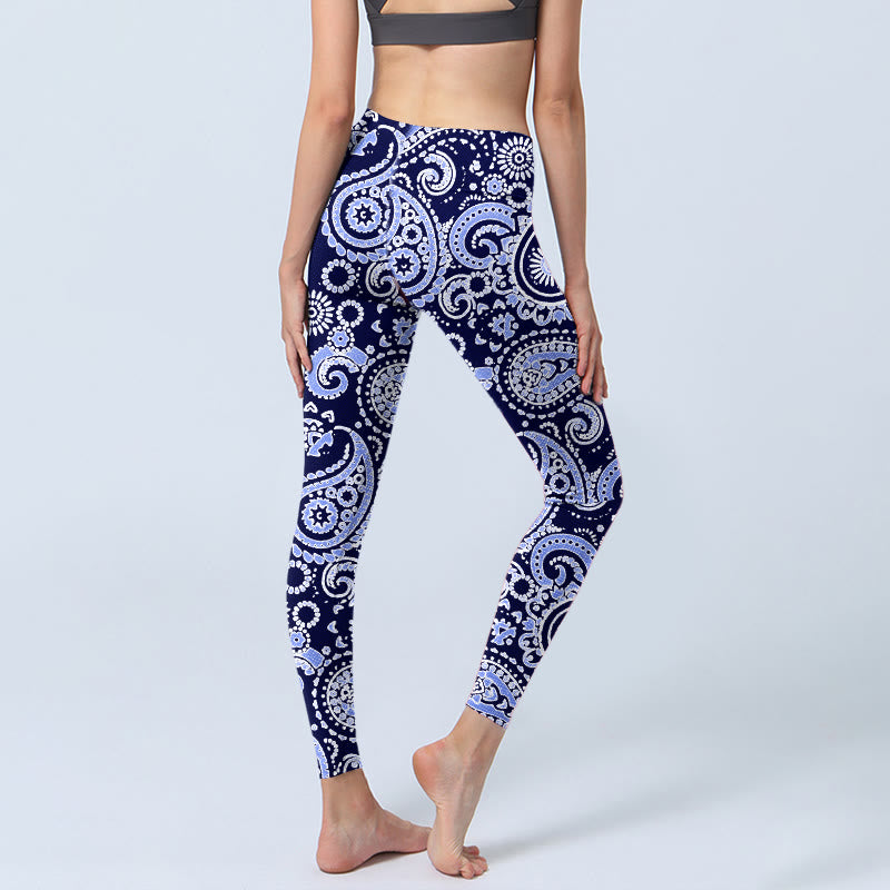 Leggings de yoga para mujer con estampado de flores de anacardo, morado y azul, con Buddha Stones - image 4