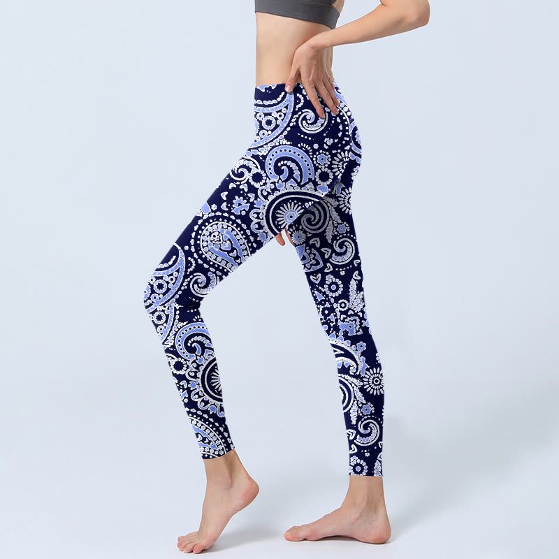 Leggings de yoga para mujer con estampado de flores de anacardo, morado y azul, con Buddha Stones - image 3