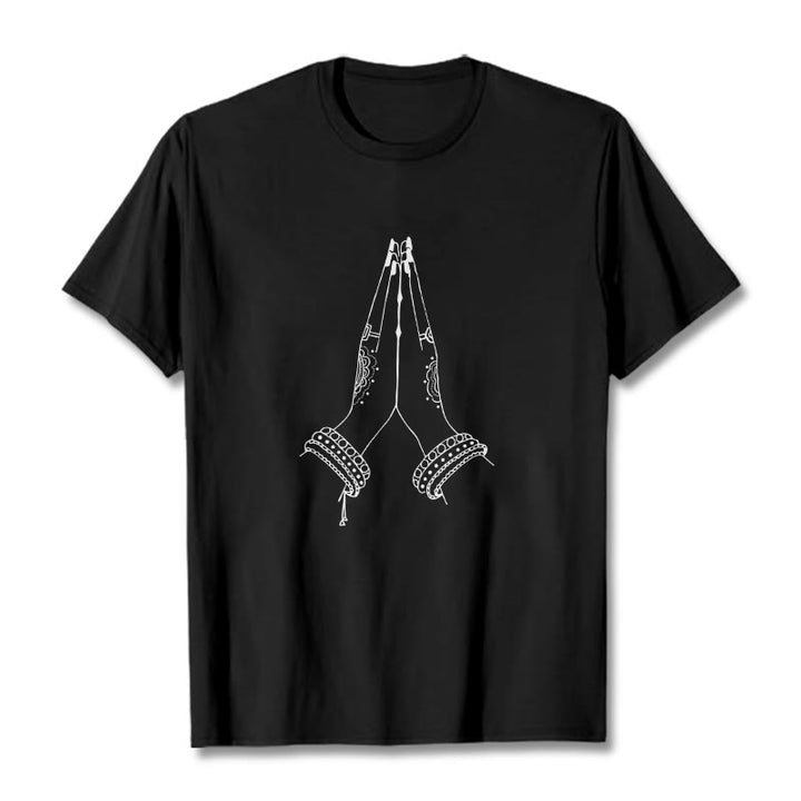Camiseta con diseño de oración de manos unidas con Buddha Stones - Negro - 2XL - image 3