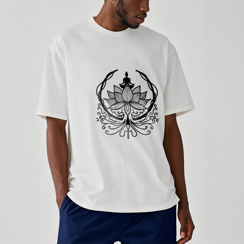 Camiseta de meditación con Buddha Stones sentado dentro de una flor de loto y piedras de Buda - image 1