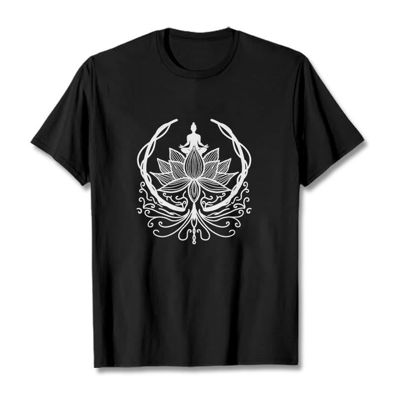 Camiseta de meditación con Buddha Stones sentado dentro de una flor de loto y piedras de Buda - Negro - 2XL - image 6