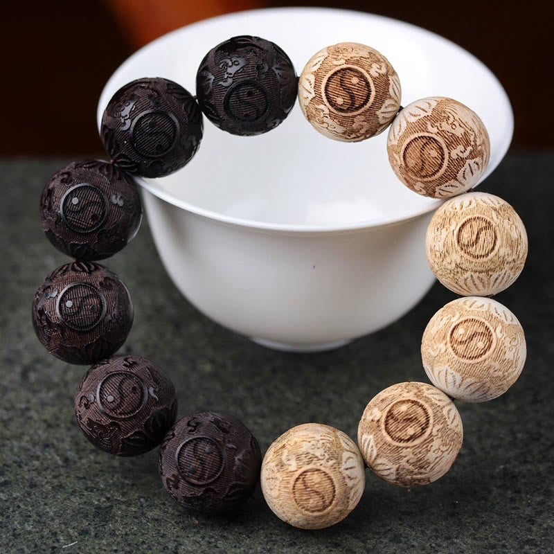 Pulsera de la paz con grabado de buey y yin yang, madera de ébano y madera de alcanfor con Buddha Stones - Madera de ébano (circunferencia de la muñeca: 14-17 cm) - image 1