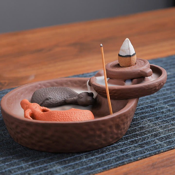 Quemador de incienso de cerámica de arcilla morada con forma de pez koi y buey, con Buddha Stones y curación, para decoración. - image 3