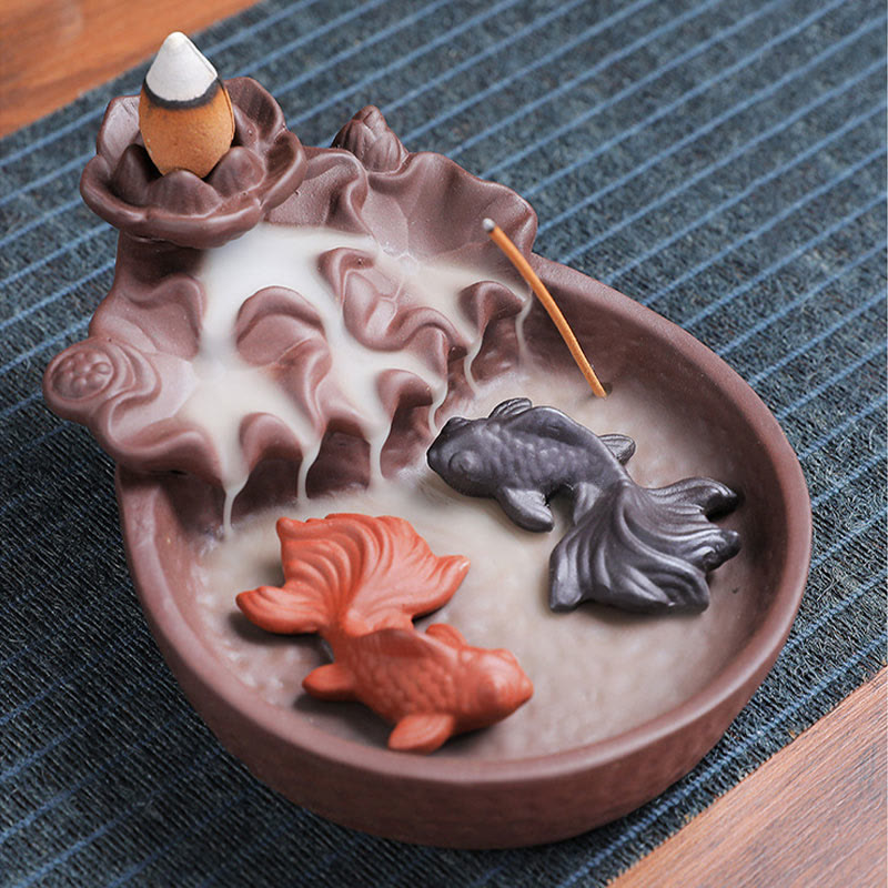 Quemador de incienso de cerámica de arcilla morada con forma de pez koi y buey, con Buddha Stones y curación, para decoración. - Pez Koi 10,8 x 13,5 x 5 cm (sin incienso) - image 9
