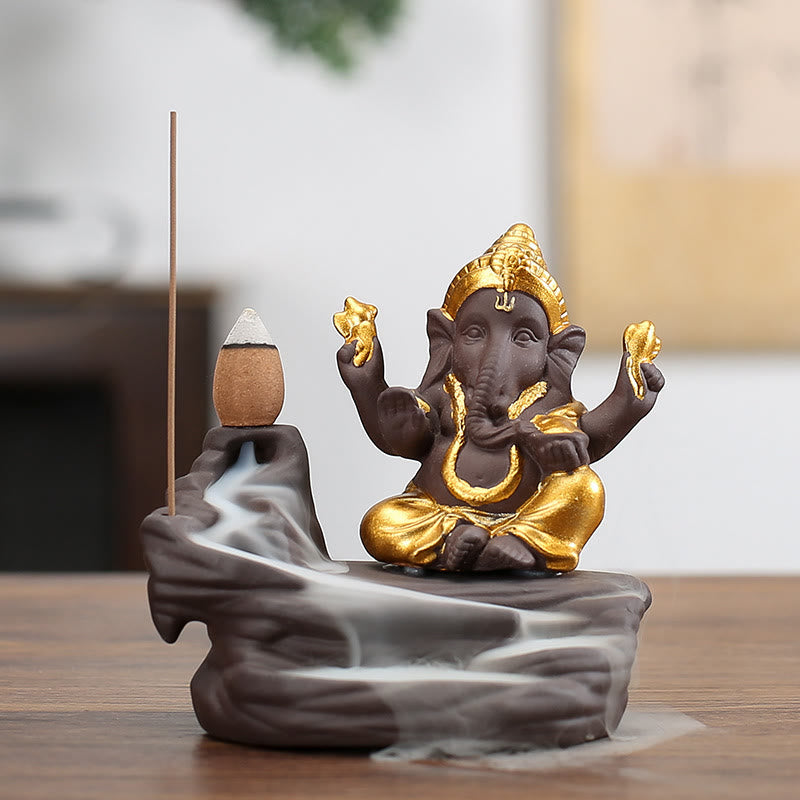 Quemador de incienso con forma de elefante, Ganesh, arcilla morada, reflujo de humo, protección contra sobrecorriente - Dorado 10,1*11 cm - image 2