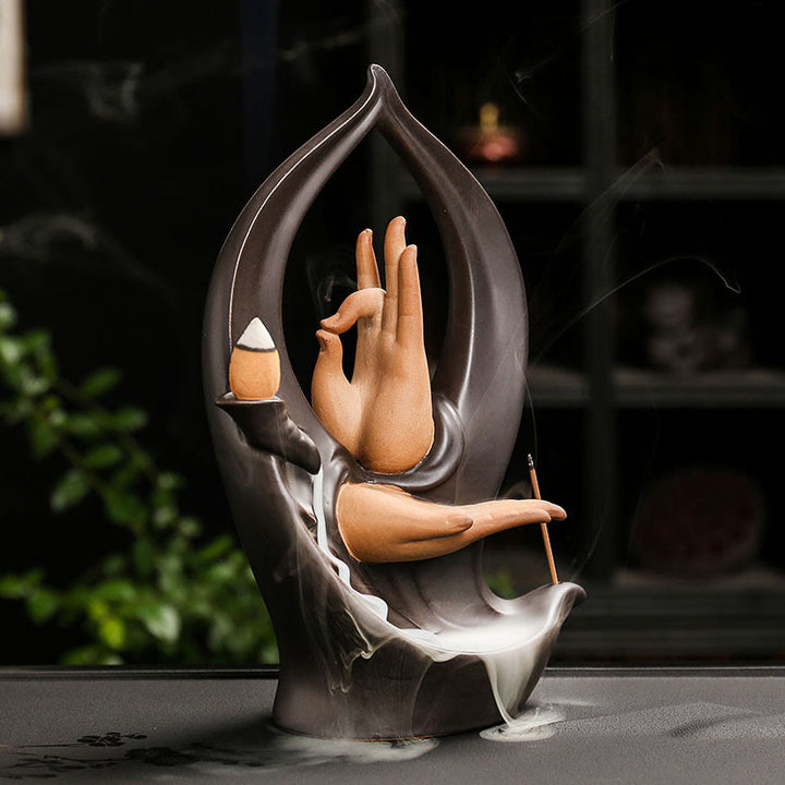 Fuente de humo de reflujo de cerámica con mano de Buda, escaleras, montañas y Buddha Stones de Buda, quemador de incienso decorativo para meditación - image 7