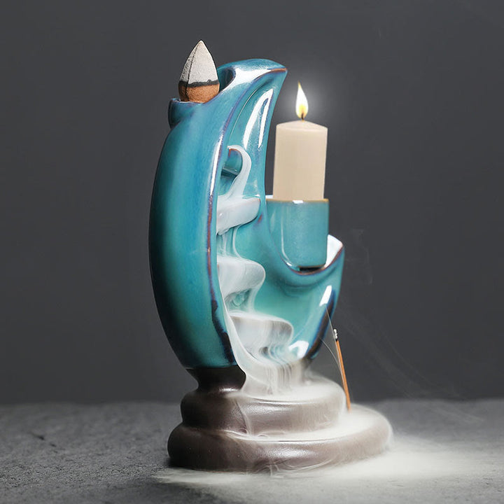 Fuente de humo de cerámica con reflujo y diseño de luna creciente azul con Buddha Stones, candelabro de meditación, quemador de incienso decorativo - image 3