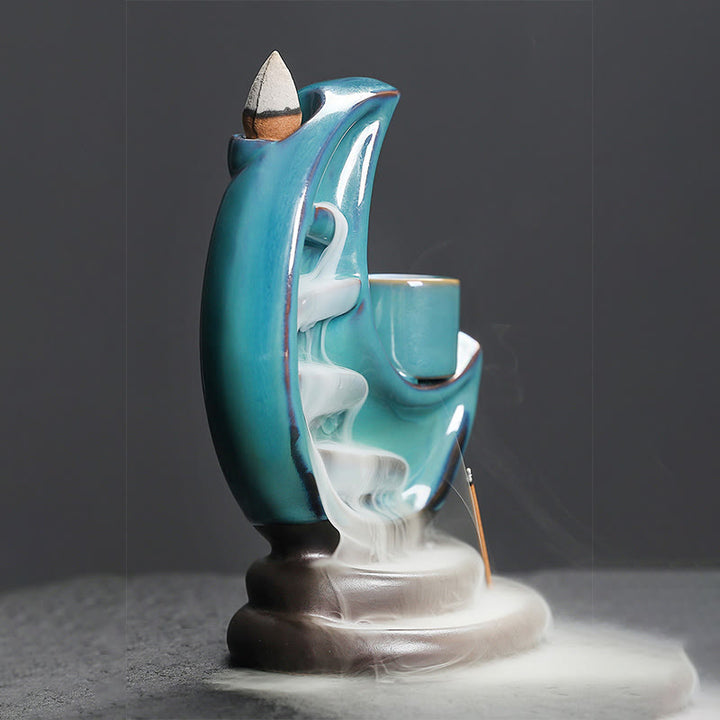 Fuente de humo de cerámica con reflujo y diseño de luna creciente azul con Buddha Stones, candelabro de meditación, quemador de incienso decorativo - image 8