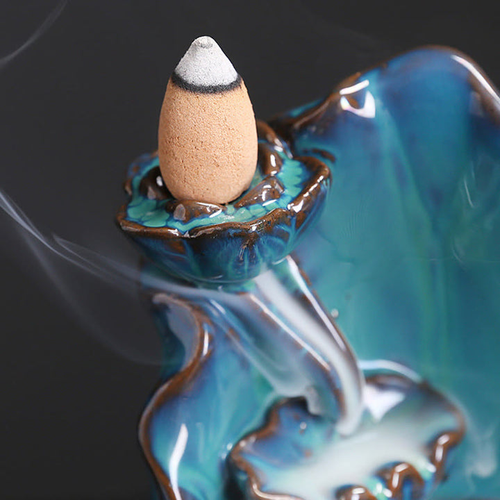 Quemador de incienso espiritual de cerámica con reflujo de hojas de loto azul y Buddha Stones - image 6