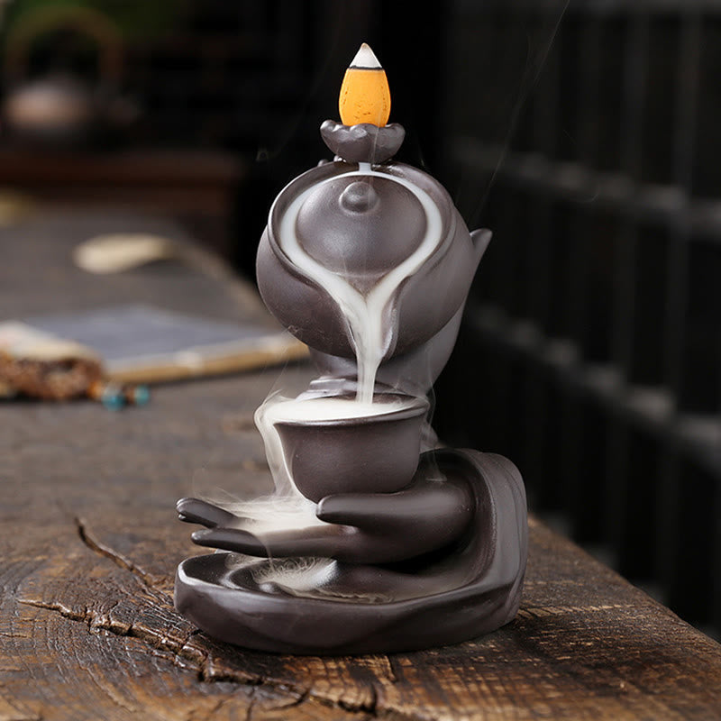 Buddha Stones , mano de Buda sosteniendo una tetera, taza, fuente de humo de cerámica con reflujo, quemador de incienso curativo, decoración - image 1