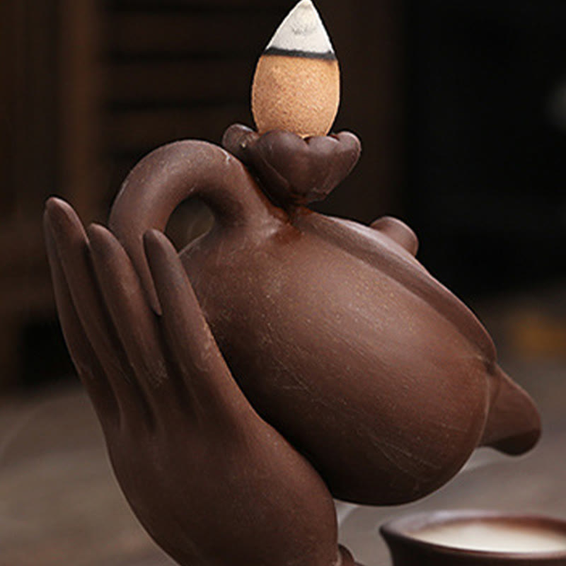 Buddha Stones , mano de Buda sosteniendo una tetera, taza, fuente de humo de cerámica con reflujo, quemador de incienso curativo, decoración - image 15