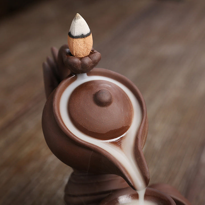 Buddha Stones , mano de Buda sosteniendo una tetera, taza, fuente de humo de cerámica con reflujo, quemador de incienso curativo, decoración - image 16