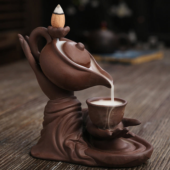 Buddha Stones , mano de Buda sosteniendo una tetera, taza, fuente de humo de cerámica con reflujo, quemador de incienso curativo, decoración - image 13